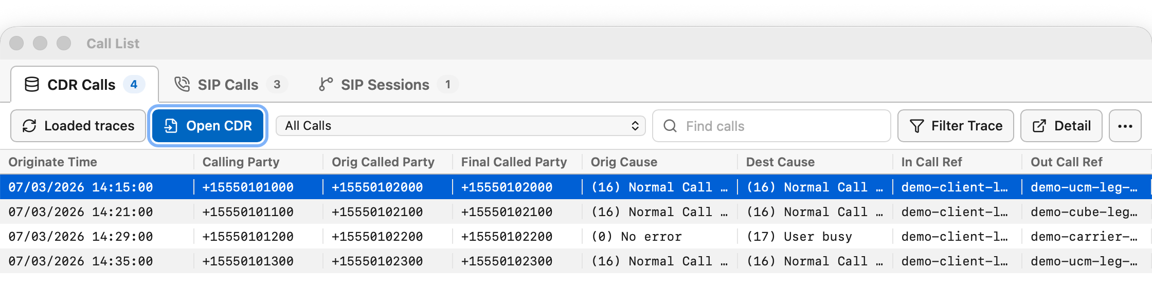 Current TranslatorX CDR Calls view using synthetic Unified CM records