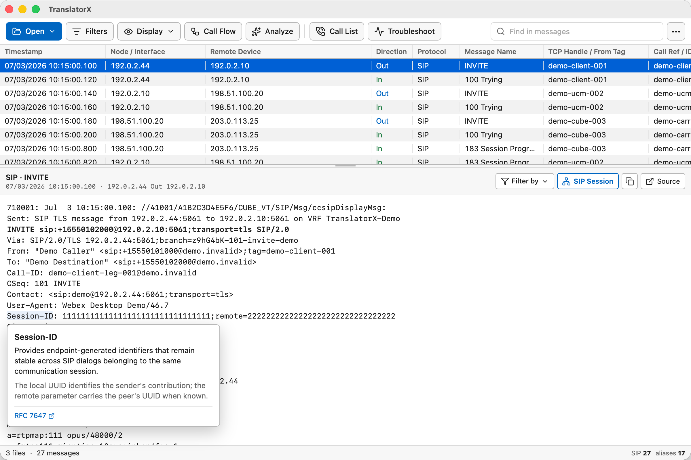 TranslatorX main window showing a synthetic SIP trace and the selected INVITE message